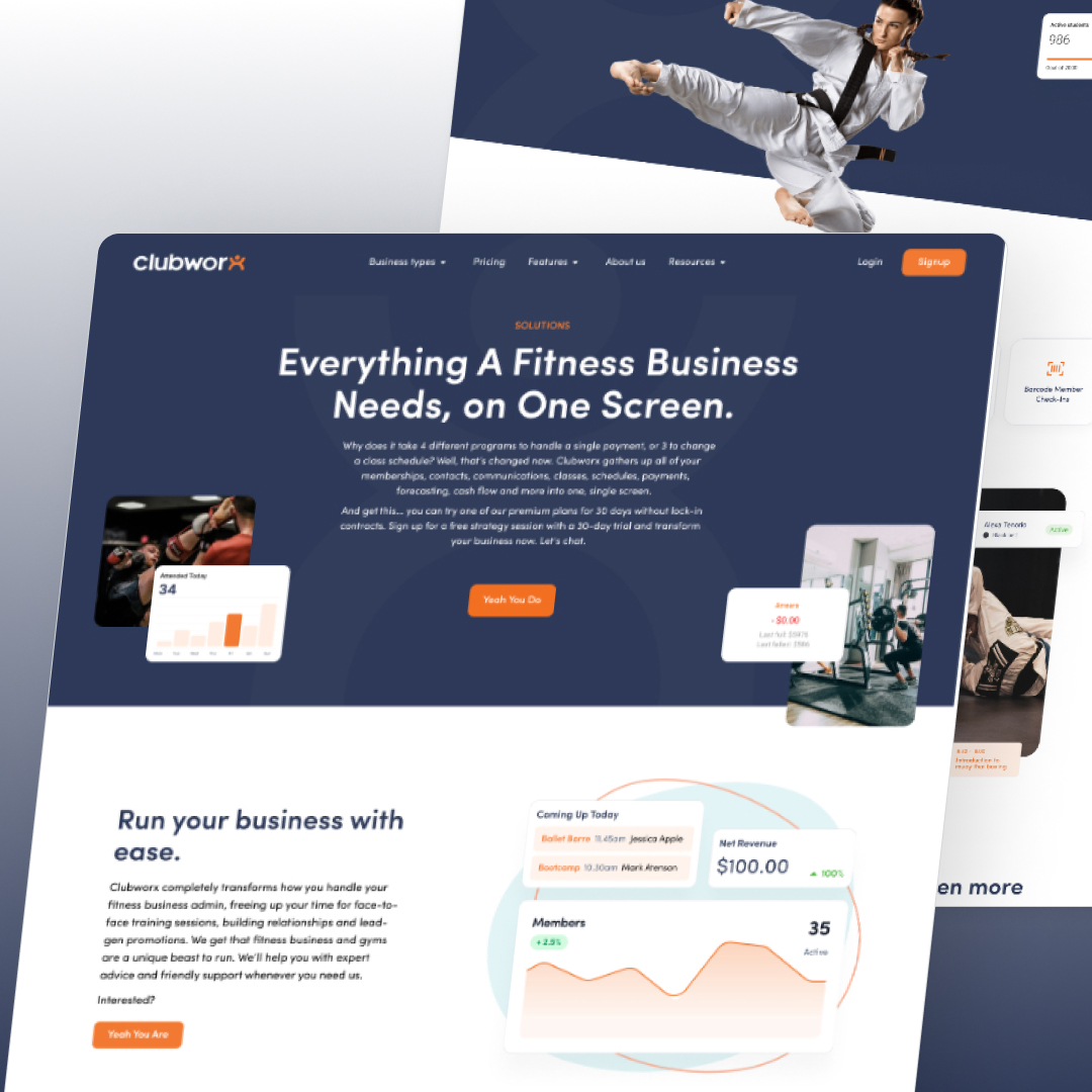 Small Business 22 A webpage screenshot features two overlapping sections. The main section displays text about fitness business solutions, graphs, and a Watch the Demo button. A martial artist in a kick pose graces the top section, highlighting unlimited graphic design services. Logos and a signup button complete the scene.