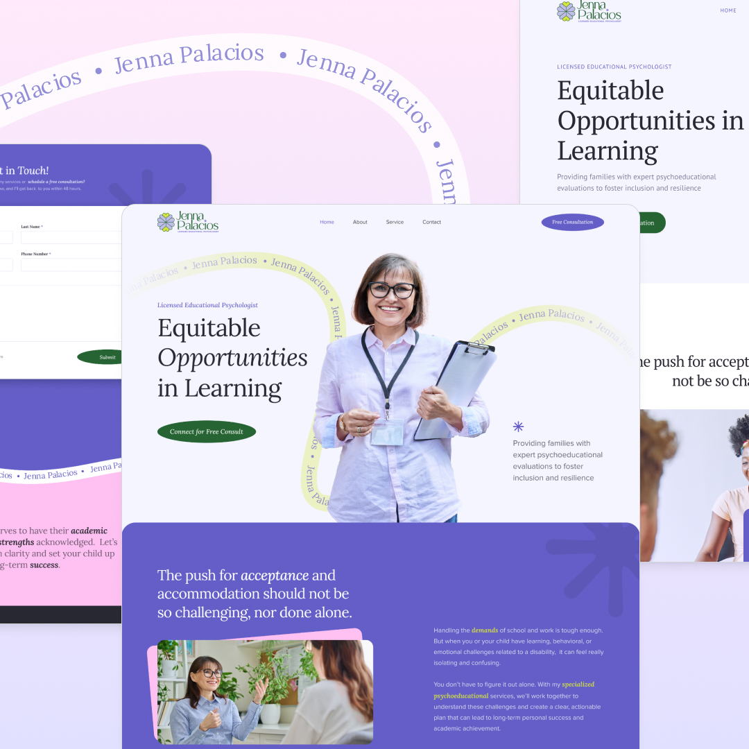 Small Business 19 A website mockup with a header reading Equitable Opportunities in Learning features a smiling woman holding a clipboard. The design includes circular name patterns and sections highlighting unlimited graphic design options, contact details, and consultation services.