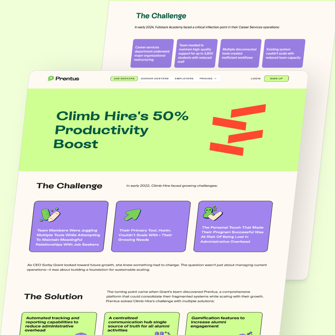 Small Business 21 Two web page snapshots highlight Climb Hires productivity boost. The page outlines challenges and solutions, emphasizing a 50% productivity increase. With a design subscription featuring green and purple colors, it showcases bold headers and brief, clear sections.