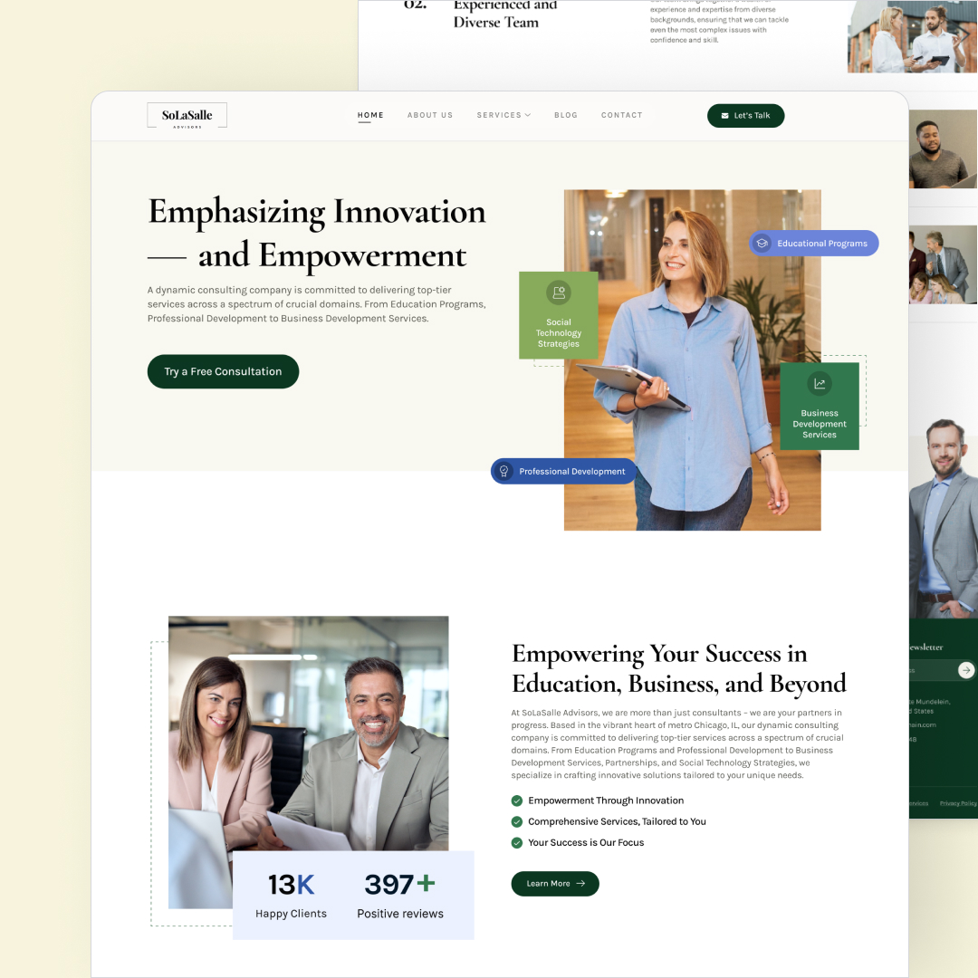 Small Business 23 The screenshot of a consulting agencys website showcases a sleek design with the agencys logo and navigation menu. The main section, emphasizing innovation and empowerment, features a smiling individual. Impressive stats like 13K Happy Clients underscore their success in unlimited graphic design solutions.