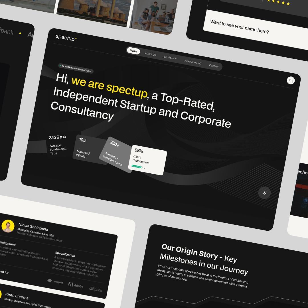 Small Business 11 A digital collage showcases a websites dark-themed homepage, highlighting a consultancys top-rated services and unlimited graphic design options. Featuring metrics like 98% client satisfaction, it includes sections on team members and company milestones.
