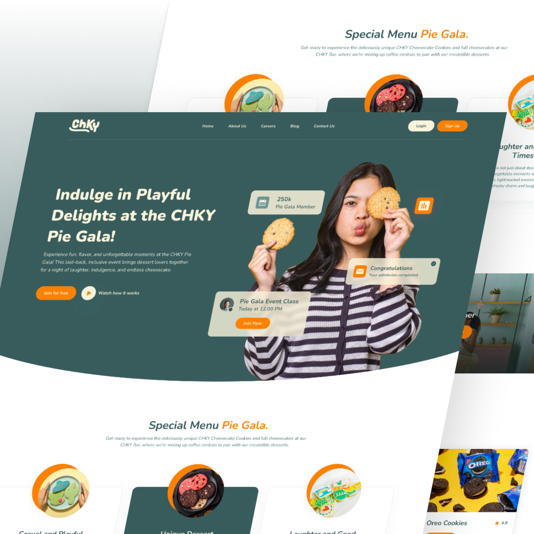 Small Business 17 A website homepage with a green background showcases a person playfully holding cookies over their eyes. The text highlights the CHKY Pie Gala event, member benefits, and cookie options. Discover unlimited graphic design offers and special menu items displayed at the bottom.