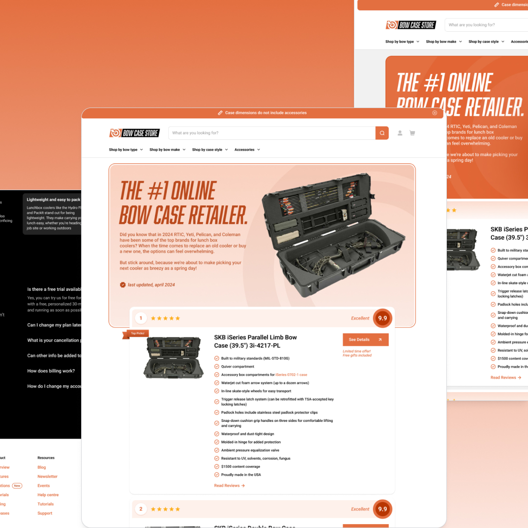 Small Business 12 A webpage showcasing an online bow case retailer prominently features a header proclaiming The #1 Online Bow Case Retailer and includes an SKB Series Parallel-Limb Bow Case with image, price, ratings, and purchase button. Explore our design subscription for unlimited graphic design enhancements.
