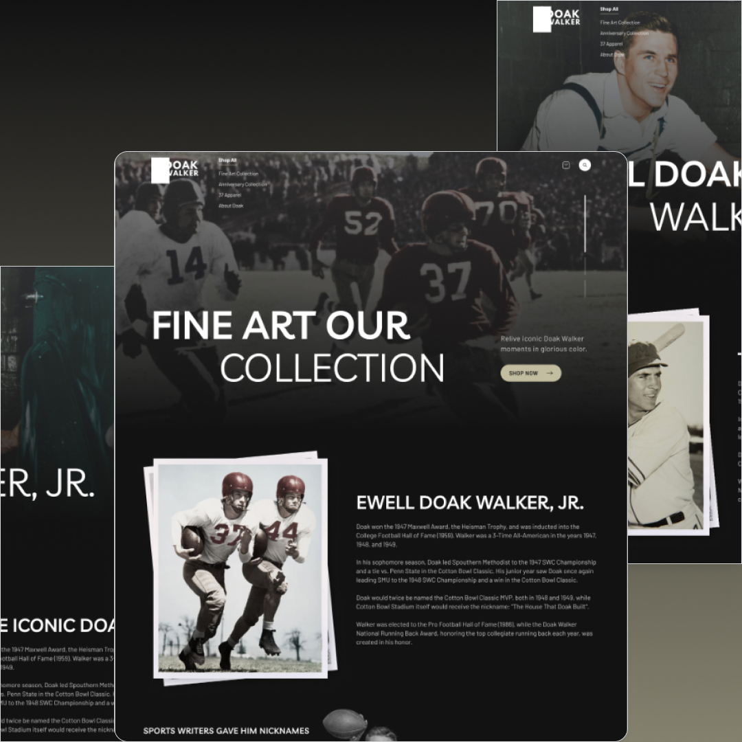 Small Business 4 A digital display showcasing a collection of fine art centered around Ewell Doak Walker, Jr. features a blend of vintage football images and career text. Subscribers to our unlimited graphic design service can access exclusive sports designs and curated content.