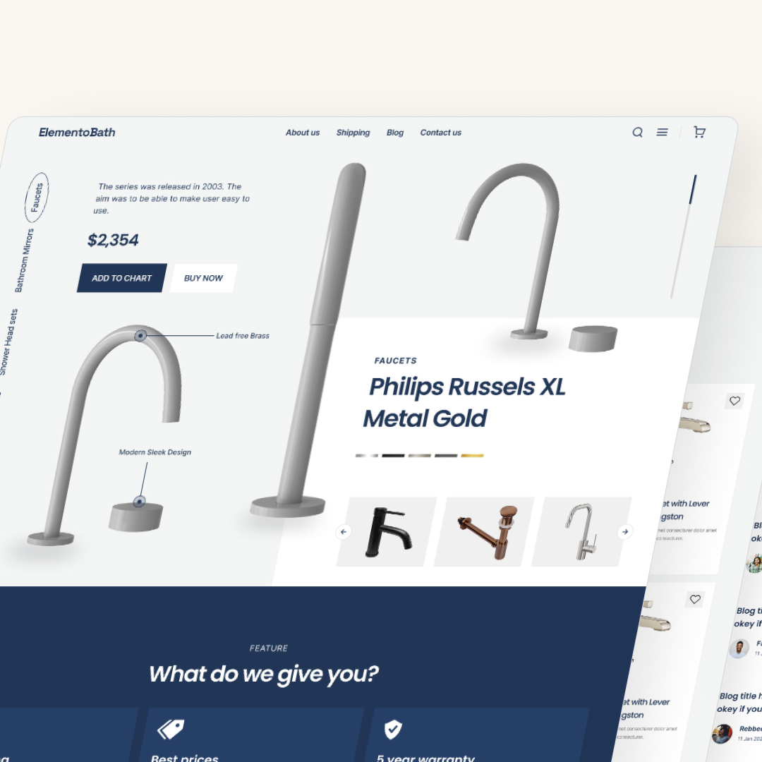 Small Business 20 A website layout showcasing a modern faucet design, featuring the Philips Russels XL Metal Gold. Explore pricing, product details, and menu options for shipping, about us, and shop. Enjoy unlimited graphic design insights with our highlighted features.