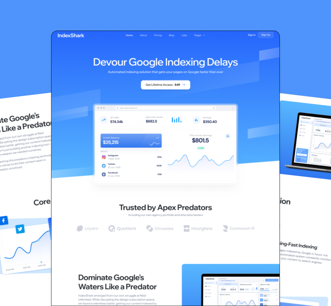 Small Business 25 Screenshot of a webpage for IndexShark, featuring a blue gradient background. The main heading says Devour Google Indexing Delays. A graph and metrics are displayed, along with a call-to-action button offering lifetime access akin to an unlimited graphic design service.
