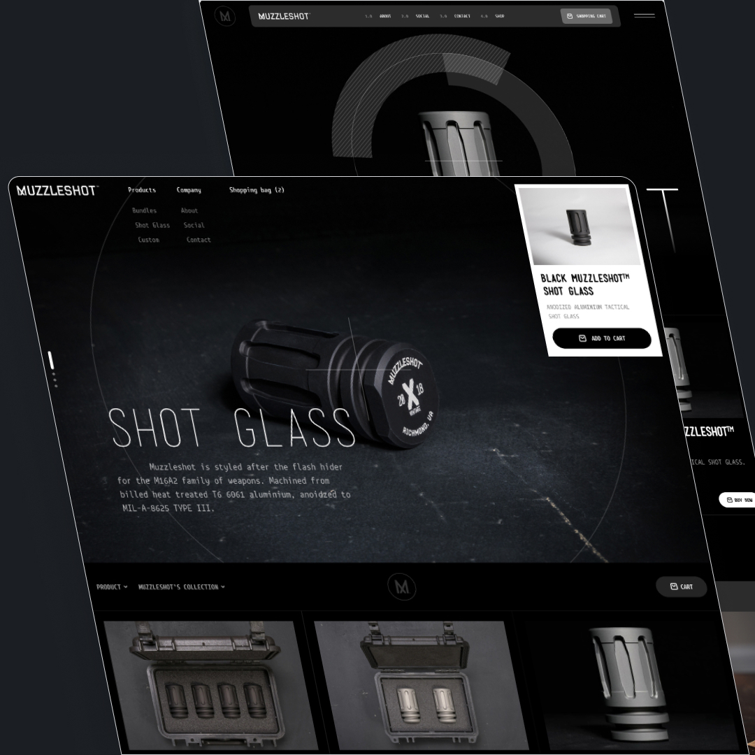 Small Business 14 A website showcasing Muzzleshot shot glasses styled after flash hiders for the M16A2, featuring product images with a dark background and sleek design elements. Consider adding our design subscription service for unlimited graphic design updates to keep your collection fresh.