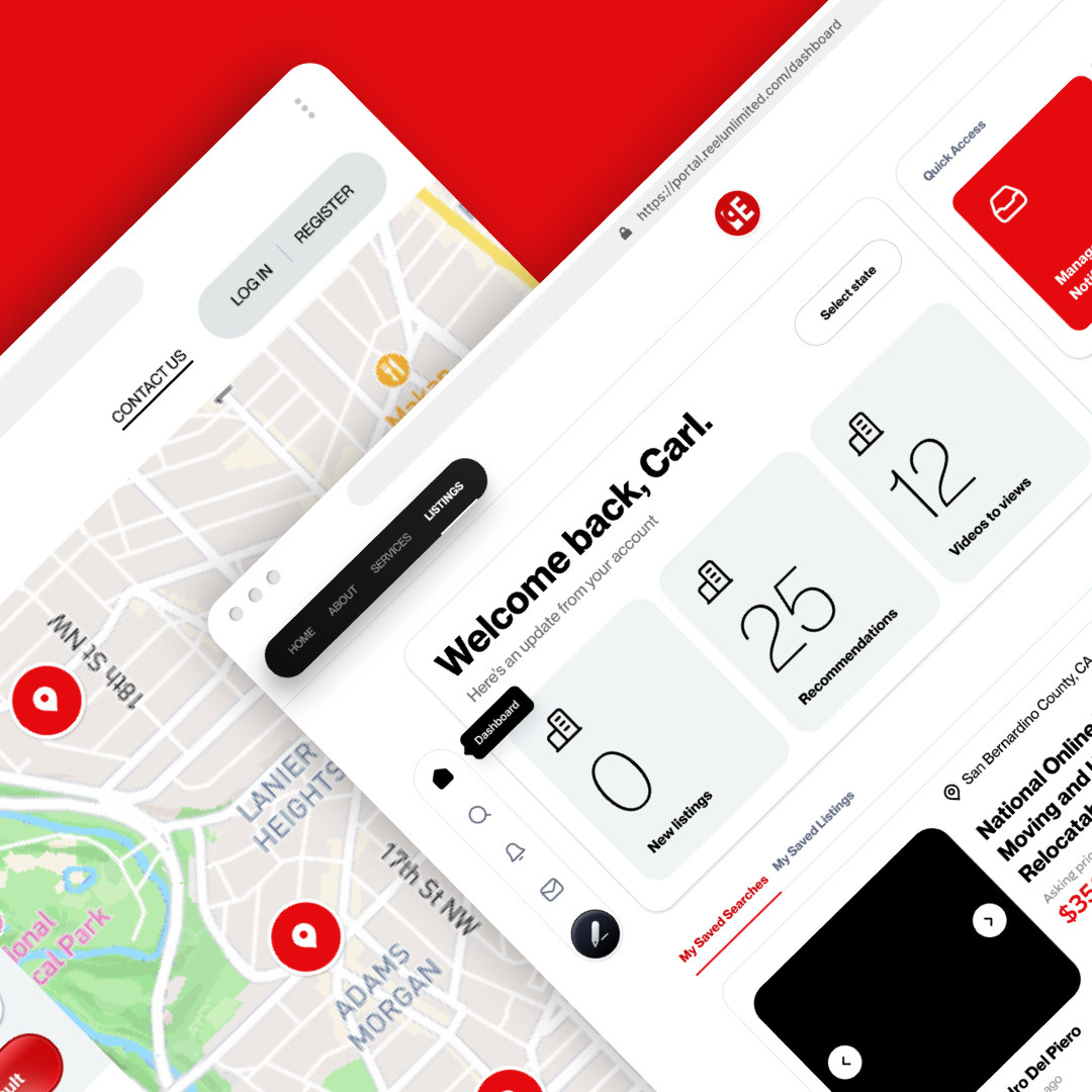 Small Business 27 A split-screen image showcases a sleek web interface. The left side highlights a map peppered with red location markers, while the right side presents a welcome message alongside an analytics dashboard. Ideal for users with unlimited graphic design needs, it tracks new listings, recommendations, and views to date.