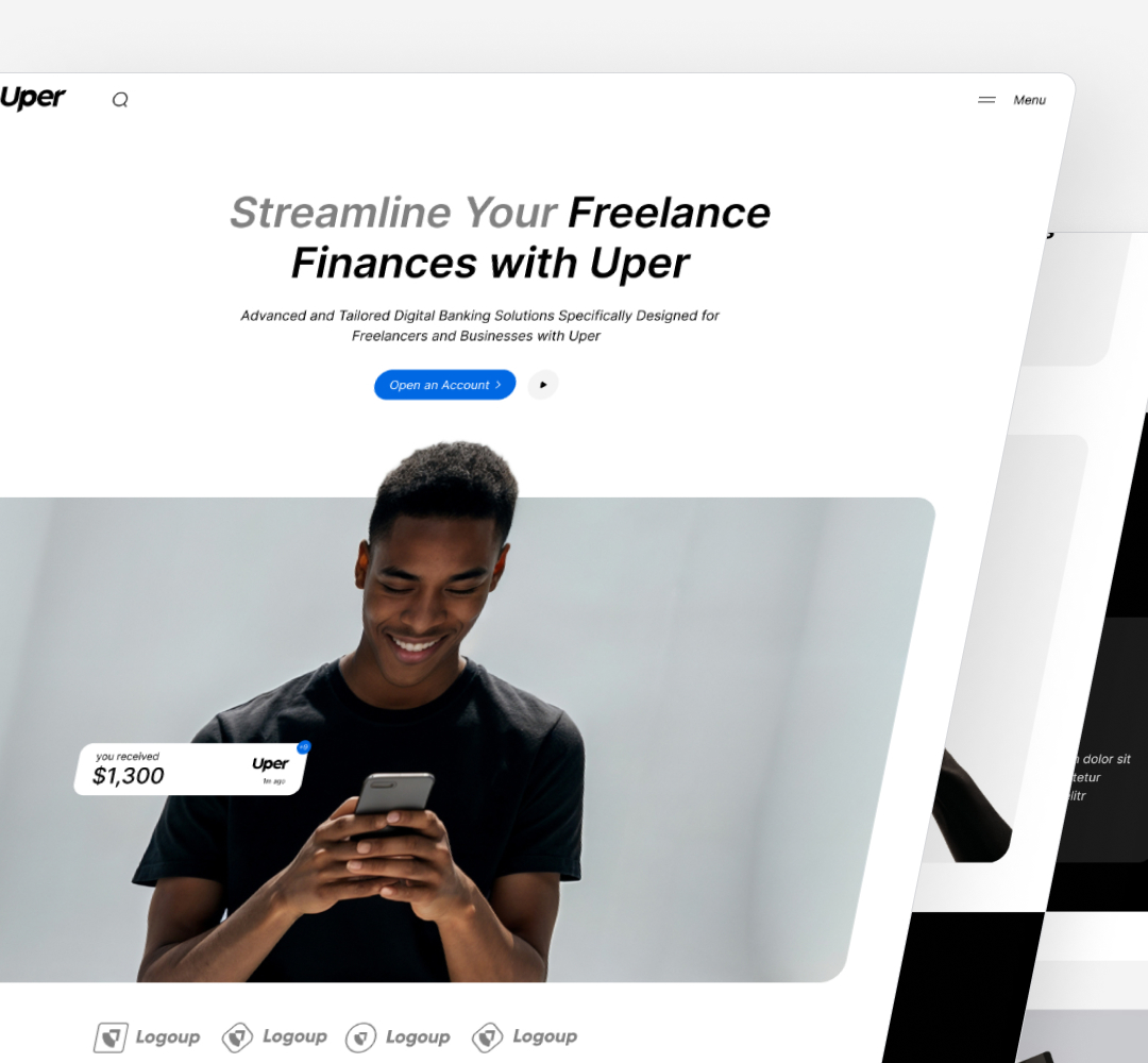Small Business 18 A website interface for Uper, promoting financial services for freelancers. It features a smiling person holding a phone, with text about streamlining freelance finances with unlimited graphic design support. Shows a bank balance notification of $1,300.