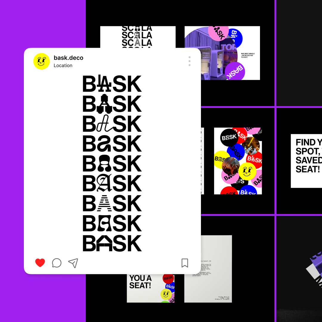 Startups 24 A digital collage featuring an Instagram post from bask.deco displays the word BASK in diverse styles. Surrounding the post are eclectic typography and vibrant graphics on a black background, showcasing unlimited graphic design possibilities.