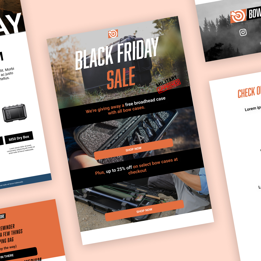 Startups 29 A promotional image showcases a Black Friday Sale with bold text, highlighting a free broadband bow case offer and up to 25% off select cases. Enjoy unlimited graphic design services, all set against a backdrop of outdoor gear and a misty forest scene.