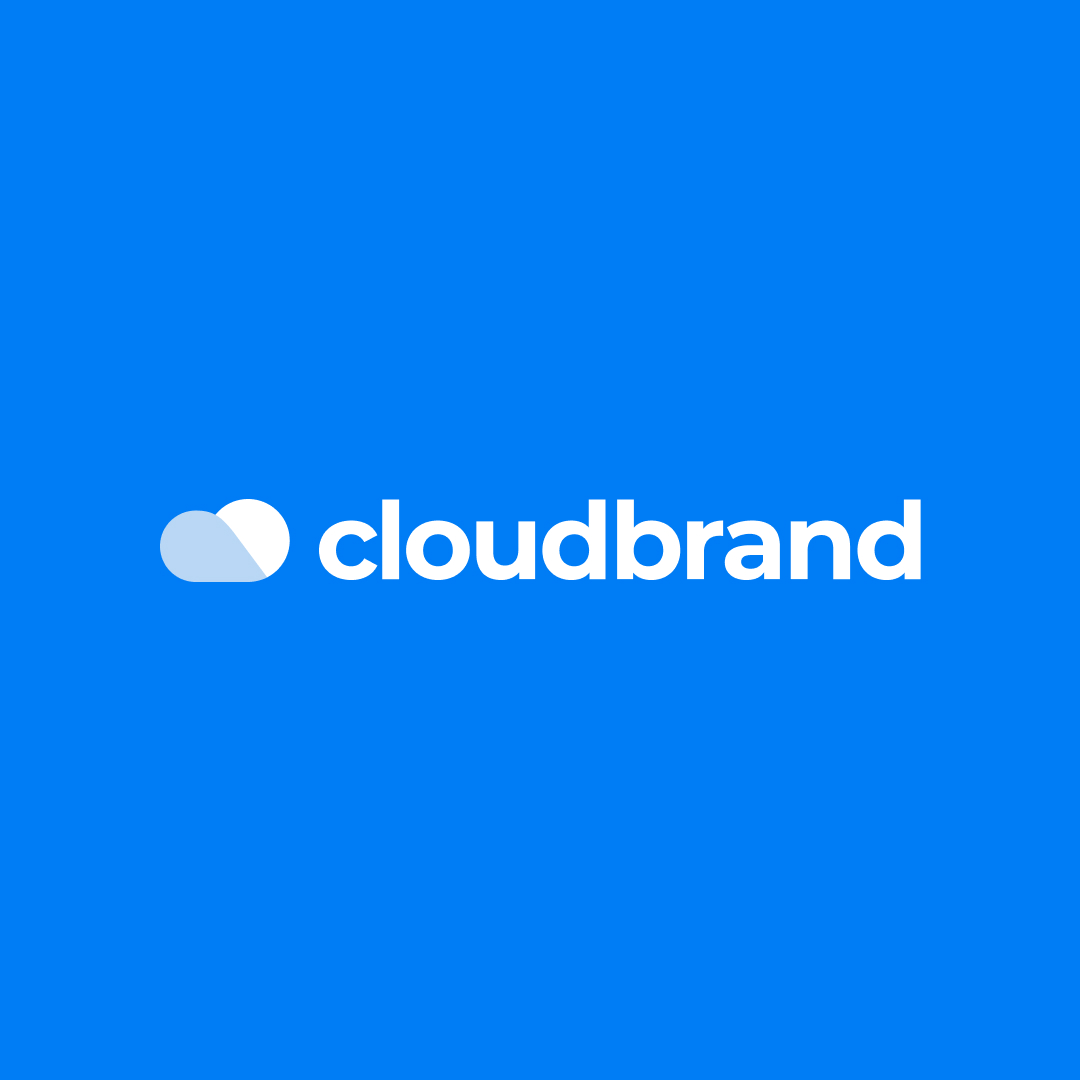 Small Business 9 A blue background showcases a white cloud icon beside the text cloudbrand in bold white font, subtly hinting at unlimited graphic design possibilities offered through a unique design subscription service.