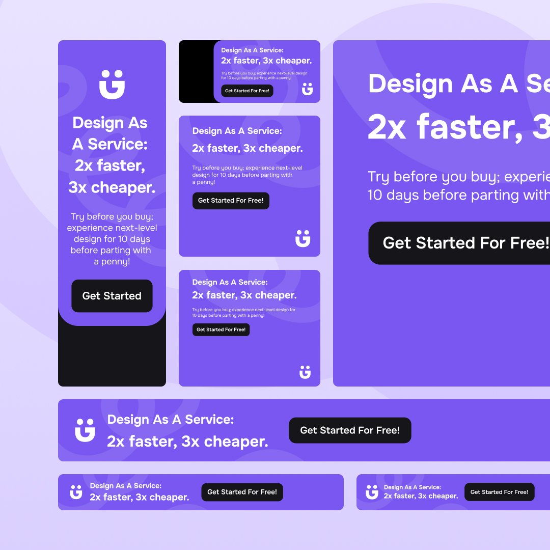 Small Business 5 Various purple and blue buttons and banners showcase our service with the slogan, Design As A Service: 2x faster, 3x cheaper. Prompts like Get Started emphasize our unlimited graphic design subscription. Explore logos and a smiley face icon to get started for free today!.