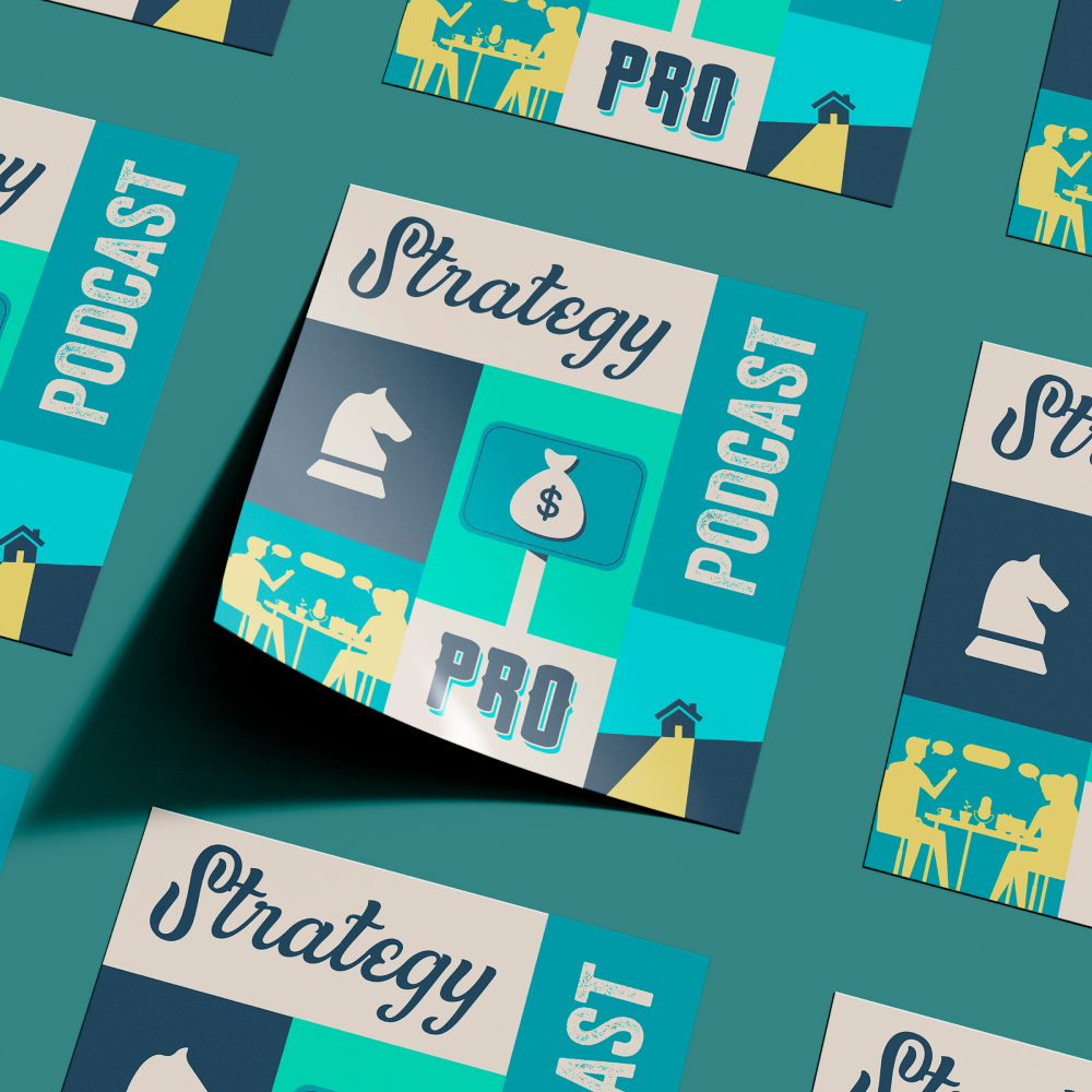 Small Business 2 Blue and teal patterned image showcasing Strategy, Podcast, and Pro. With chess pieces and a money bag, it hints at planning and finance. Perfect for those seeking expertise through unlimited graphic design services or a design subscription.