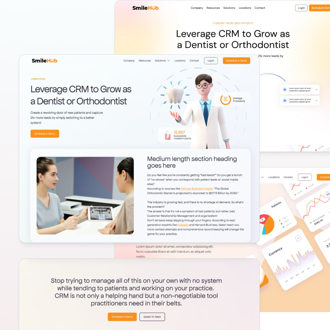 A collage of website pages for SmileHub showcases dental CRM growth strategies, featuring a person holding a tablet and a 3D character with dental icons. With modern design subscription elements like graphs and testimonials, it focuses on streamlined dental practice management.